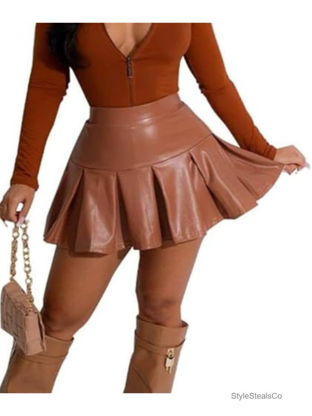 Faux Leather Mini Skirt High Waisted Ruffle Flared Skater Skort